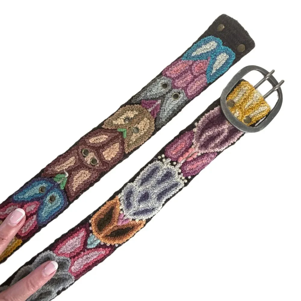 Peruvian Needlepoint Wool Wide Belt Size M Colorful Floral Purple Gold Blue Pink